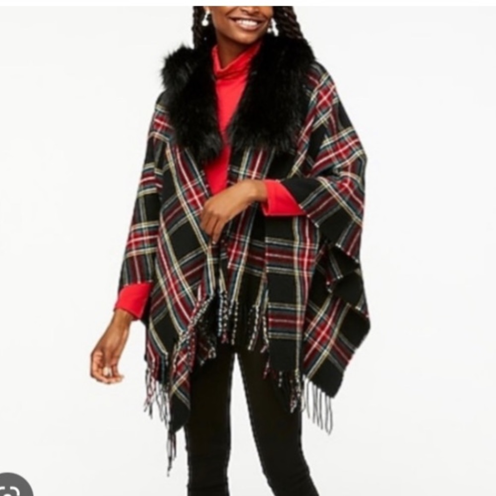 J.CREW Faux Fur Scarf Cape Tartan Plaid GIFT NEW